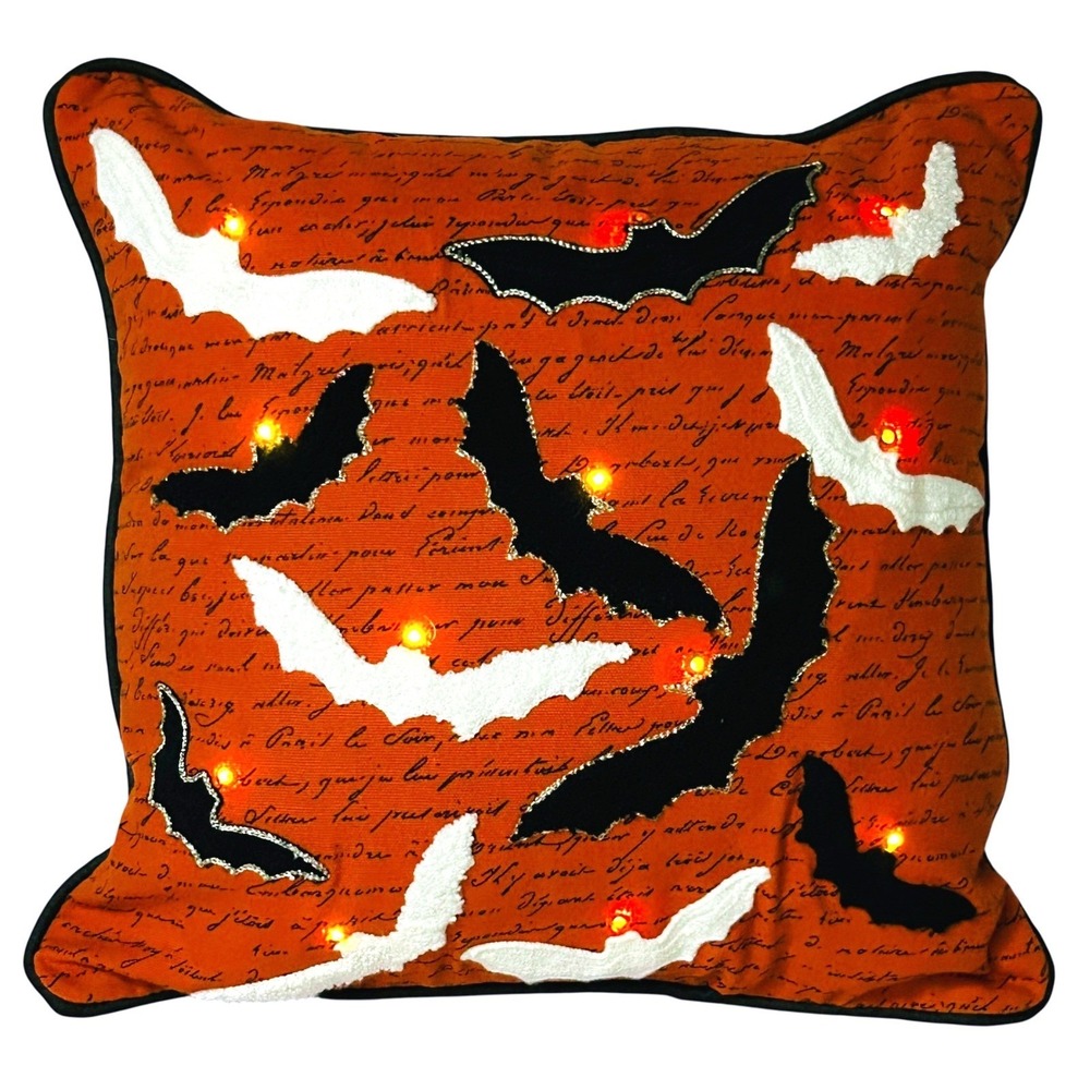 Pier 1 Imports Halloween LED Light-Up BATS Pillow 14" Orange Black White‎